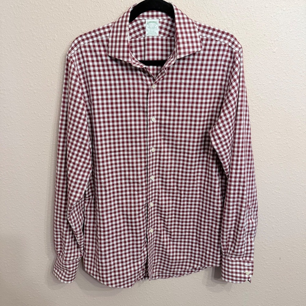 Brooks Brothers Non-Iron Supima Cotton Gingham Dress Shirt Burgundy 15.5 35